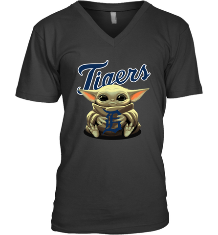 Baby Yoda Hugs Loves The Detroit Tigers Baseball Mens V-Neck T-Shirt Mens V-Neck T-Shirt / Black / S Mens V-Neck T-Shirt - VeigarTee