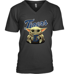 Baby Yoda Hugs Loves The Detroit Tigers Baseball Mens V-Neck T-Shirt Mens V-Neck T-Shirt - VeigarTee