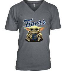 Baby Yoda Hugs Loves The Detroit Tigers Baseball Mens V-Neck T-Shirt Mens V-Neck T-Shirt - VeigarTee