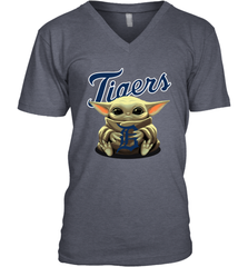 Baby Yoda Hugs Loves The Detroit Tigers Baseball Mens V-Neck T-Shirt Mens V-Neck T-Shirt - VeigarTee
