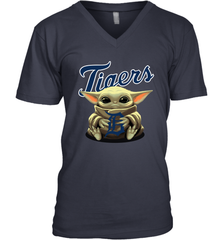 Baby Yoda Hugs Loves The Detroit Tigers Baseball Mens V-Neck T-Shirt Mens V-Neck T-Shirt - VeigarTee