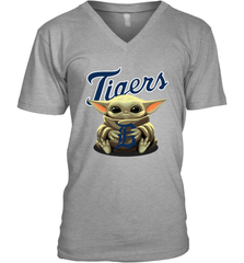 Baby Yoda Hugs Loves The Detroit Tigers Baseball Mens V-Neck T-Shirt Mens V-Neck T-Shirt - VeigarTee