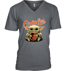 Baby Yoda Hugs Loves The Baltimore Orioles Baseball Mens V-Neck T-Shirt Mens V-Neck T-Shirt - VeigarTee