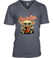 Baby Yoda Hugs Loves The Baltimore Orioles Baseball Mens V-Neck T-Shirt Mens V-Neck T-Shirt - VeigarTee