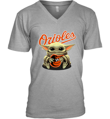 Baby Yoda Hugs Loves The Baltimore Orioles Baseball Mens V-Neck T-Shirt Mens V-Neck T-Shirt - VeigarTee