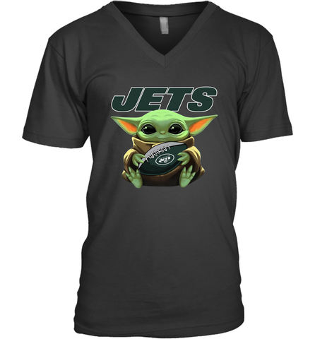Baby Yoda Loves The New York Jets Star Wars Baby Yoda Hugs Jets NFL Mens V-Neck T-Shirt Mens V-Neck T-Shirt / Black / S Mens V-Neck T-Shirt - VeigarTee