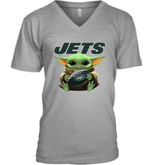 Baby Yoda Loves The New York Jets Star Wars Baby Yoda Hugs Jets NFL Mens V-Neck T-Shirt Mens V-Neck T-Shirt - VeigarTee