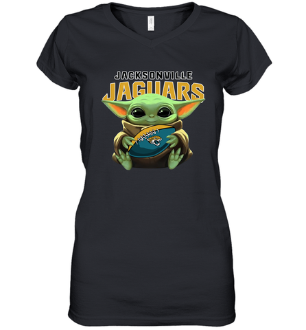 Baby Yoda Loves The Jacksonville Jaguars Star Wars Baby Yoda Hugs Jaguars NFL Womens V-Neck T-Shirt Womens V-Neck T-Shirt / Black / S Womens V-Neck T-Shirt - VeigarTee