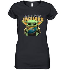 Baby Yoda Loves The Jacksonville Jaguars Star Wars Baby Yoda Hugs Jaguars NFL Womens V-Neck T-Shirt Womens V-Neck T-Shirt - VeigarTee
