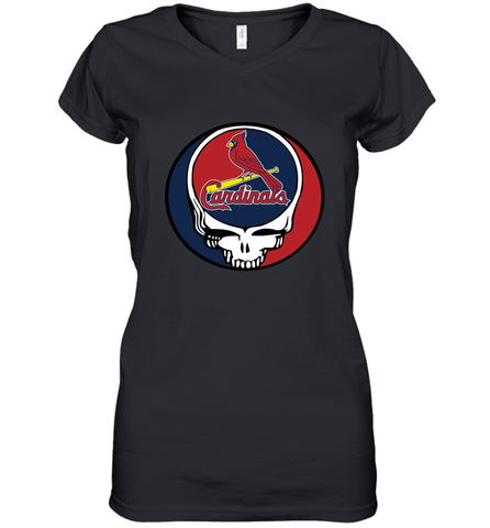 St Louis Cardinals Grateful Dead Steal Your Face Baseball Womens V-Neck T-Shirt Womens V-Neck T-Shirt / Black / S Womens V-Neck T-Shirt - VeigarTee