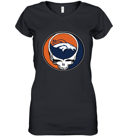Denver Broncos Grateful Dead Steal Your Face NFL Football Womens V-Neck T-Shirt Womens V-Neck T-Shirt / Black / S Womens V-Neck T-Shirt - VeigarTee
