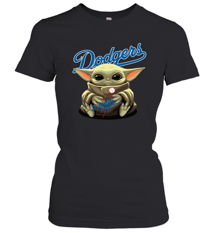 Baby Yoda Hugs Loves The Los Angeles Dodgers Baseball Womens T-Shirt Womens T-Shirt / Black / XS Womens T-Shirt - VeigarTee