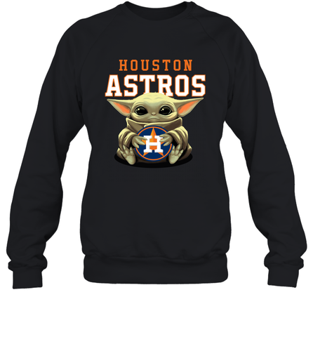 Baby Yoda Hugs Loves The Houston Astros Baseball Adult Sweatshirt Adult Sweatshirt / Black / S Adult Sweatshirt - VeigarTee