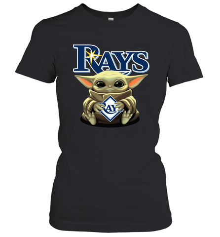 Baby Yoda Hugs Loves The Tampa Bay Rays Baseball Womens T-Shirt Womens T-Shirt / Black / XS Womens T-Shirt - VeigarTee