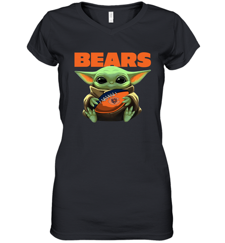 Baby Yoda Loves The Chicago Bears Star Wars Baby Yoda Hugs Bears NFL Womens V-Neck T-Shirt Womens V-Neck T-Shirt / Black / S Womens V-Neck T-Shirt - VeigarTee