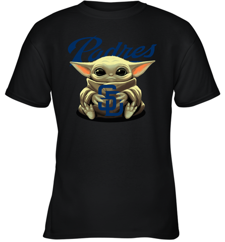 Baby Yoda Hugs Loves The San Diego Padres Baseball Youth T-Shirt Youth T-Shirt / Black / XS Youth T-Shirt - VeigarTee