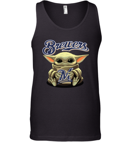 Baby Yoda Hugs Loves The Milwaukee Brewers Baseball Mens Tank Top Mens Tank Top / Black / XS Mens Tank Top - VeigarTee