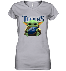 Baby Yoda Loves The Tennessee Titans Star Wars Baby Yoda Hugs Titans NFL Womens V-Neck T-Shirt Womens V-Neck T-Shirt - VeigarTee