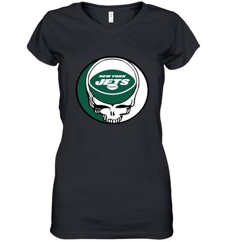 New York Jets Grateful Dead Steal Your Face NFL Football Womens V-Neck T-Shirt Womens V-Neck T-Shirt / Black / S Womens V-Neck T-Shirt - VeigarTee