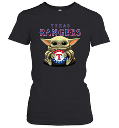 Baby Yoda Hugs Loves The Texas Rangers Baseball Womens T-Shirt
