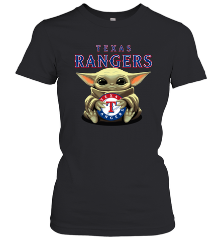 Baby Yoda Hugs Loves The Texas Rangers Baseball Womens T-Shirt Womens T-Shirt / Black / XS Womens T-Shirt - VeigarTee