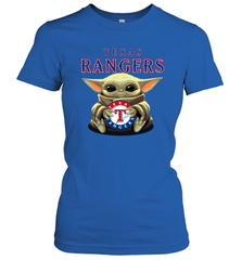 Baby Yoda Hugs Loves The Texas Rangers Baseball Womens T-Shirt Womens T-Shirt - VeigarTee