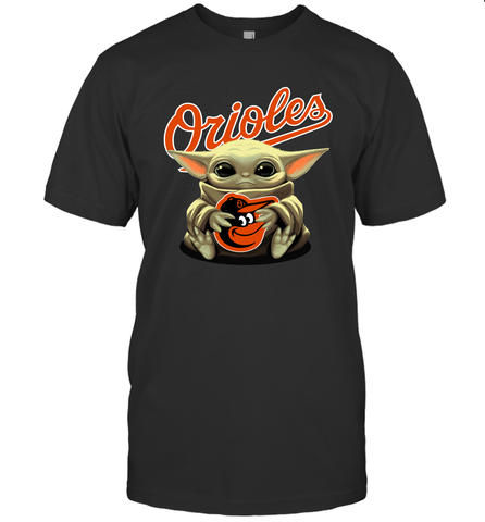 Baby Yoda Hugs Loves The Baltimore Orioles Baseball Mens T-Shirt Mens T-Shirt / Black / S Mens T-Shirt - VeigarTee