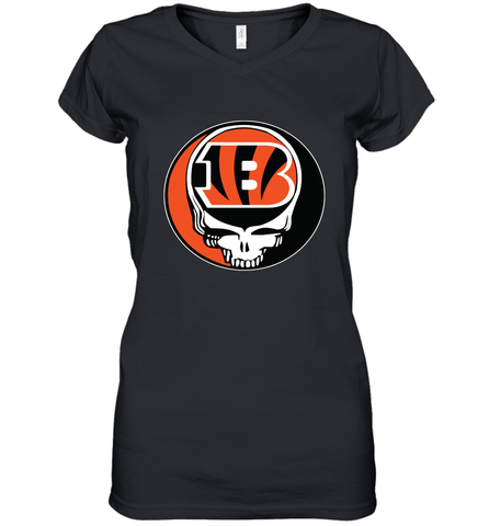 Cincinnati Bengals Grateful Dead Steal Your Face NFL Football Womens V-Neck T-Shirt Womens V-Neck T-Shirt / Black / S Womens V-Neck T-Shirt - VeigarTee