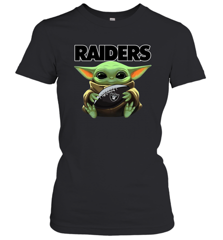Baby Yoda Loves The Oakland Raiders Star Wars Baby Yoda Hugs Raiders NFL Womens T-Shirt Womens T-Shirt / Black / XS Womens T-Shirt - VeigarTee