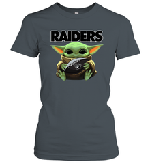 Baby Yoda Loves The Oakland Raiders Star Wars Baby Yoda Hugs Raiders NFL Womens T-Shirt Womens T-Shirt - VeigarTee