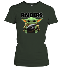 Baby Yoda Loves The Oakland Raiders Star Wars Baby Yoda Hugs Raiders NFL Womens T-Shirt Womens T-Shirt - VeigarTee