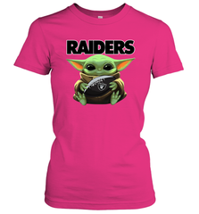 Baby Yoda Loves The Oakland Raiders Star Wars Baby Yoda Hugs Raiders NFL Womens T-Shirt Womens T-Shirt - VeigarTee