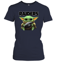 Baby Yoda Loves The Oakland Raiders Star Wars Baby Yoda Hugs Raiders NFL Womens T-Shirt Womens T-Shirt - VeigarTee