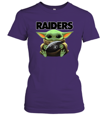 Baby Yoda Loves The Oakland Raiders Star Wars Baby Yoda Hugs Raiders NFL Womens T-Shirt Womens T-Shirt - VeigarTee