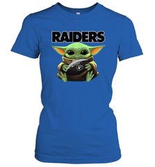 Baby Yoda Loves The Oakland Raiders Star Wars Baby Yoda Hugs Raiders NFL Womens T-Shirt Womens T-Shirt - VeigarTee