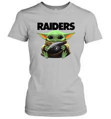 Baby Yoda Loves The Oakland Raiders Star Wars Baby Yoda Hugs Raiders NFL Womens T-Shirt Womens T-Shirt - VeigarTee