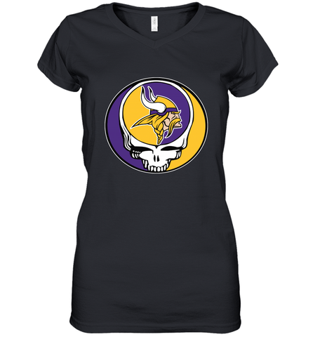 Minnesota Vikings Grateful Dead Steal Your Face NFL Football Womens V-Neck T-Shirt Womens V-Neck T-Shirt / Black / S Womens V-Neck T-Shirt - VeigarTee