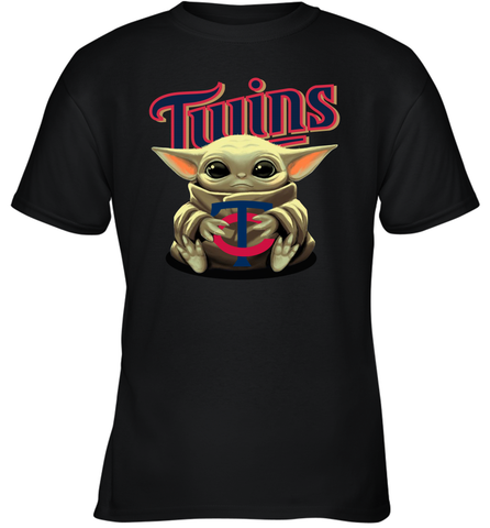 Baby Yoda Hugs Loves The Minnesota Twins Baseball Youth T-Shirt Youth T-Shirt / Black / XS Youth T-Shirt - VeigarTee