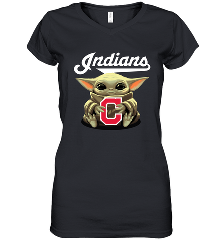 Baby Yoda Hugs Loves The Cleveland Indians Baseball Womens V-Neck T-Shirt Womens V-Neck T-Shirt / Black / S Womens V-Neck T-Shirt - VeigarTee