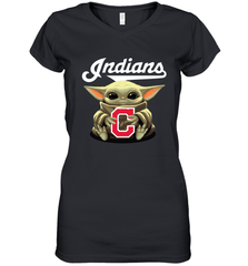 Baby Yoda Hugs Loves The Cleveland Indians Baseball Womens V-Neck T-Shirt Womens V-Neck T-Shirt - VeigarTee