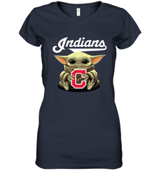 Baby Yoda Hugs Loves The Cleveland Indians Baseball Womens V-Neck T-Shirt Womens V-Neck T-Shirt - VeigarTee