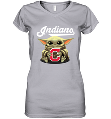 Baby Yoda Hugs Loves The Cleveland Indians Baseball Womens V-Neck T-Shirt Womens V-Neck T-Shirt - VeigarTee