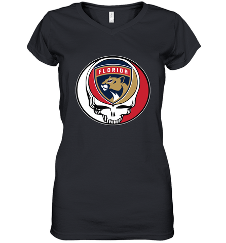 Florida Panthers Grateful Dead Steal Your Face Hockey NHL Womens V-Neck T-Shirt Womens V-Neck T-Shirt / Black / S Womens V-Neck T-Shirt - VeigarTee