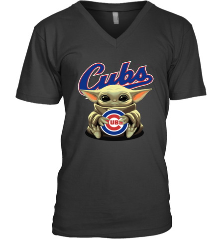 Baby Yoda Hugs Loves The Chicago Cubs Baseball Mens V-Neck T-Shirt Mens V-Neck T-Shirt / Black / S Mens V-Neck T-Shirt - VeigarTee