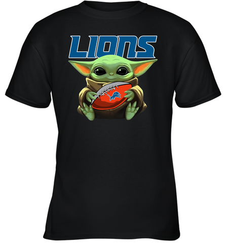 Baby Yoda Loves The Detroit Lions Star Wars Baby Yoda Hugs Lions NFL Youth T-Shirt Youth T-Shirt / Black / XS Youth T-Shirt - VeigarTee