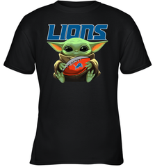 Baby Yoda Loves The Detroit Lions Star Wars Baby Yoda Hugs Lions NFL Youth T-Shirt Youth T-Shirt - VeigarTee