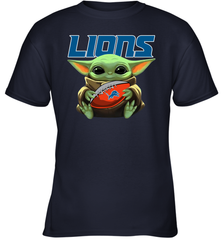 Baby Yoda Loves The Detroit Lions Star Wars Baby Yoda Hugs Lions NFL Youth T-Shirt Youth T-Shirt - VeigarTee