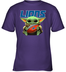Baby Yoda Loves The Detroit Lions Star Wars Baby Yoda Hugs Lions NFL Youth T-Shirt Youth T-Shirt - VeigarTee