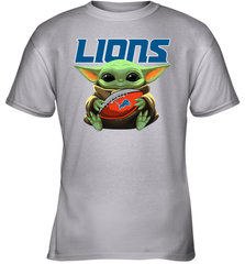 Baby Yoda Loves The Detroit Lions Star Wars Baby Yoda Hugs Lions NFL Youth T-Shirt Youth T-Shirt - VeigarTee
