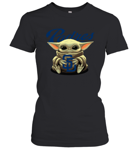 Baby Yoda Hugs Loves The San Diego Padres Baseball Womens T-Shirt Womens T-Shirt / Black / XS Womens T-Shirt - VeigarTee